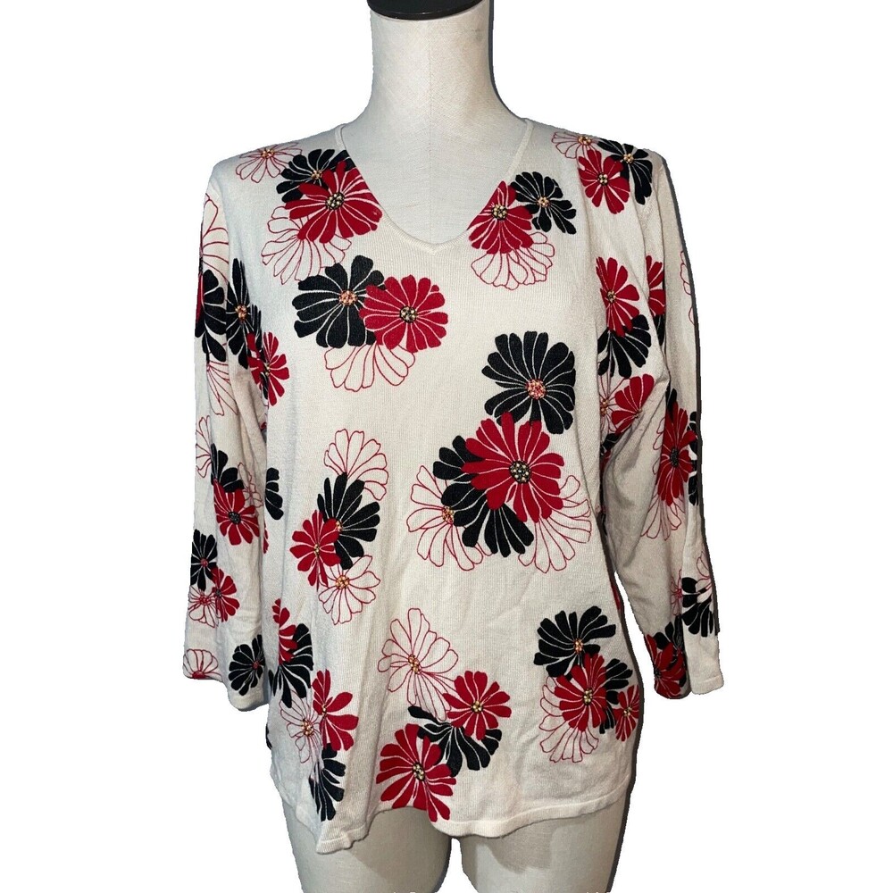 Sag Harbor Women's Vintage Floral Beaded Sweater size M V-Neck Spring Boho